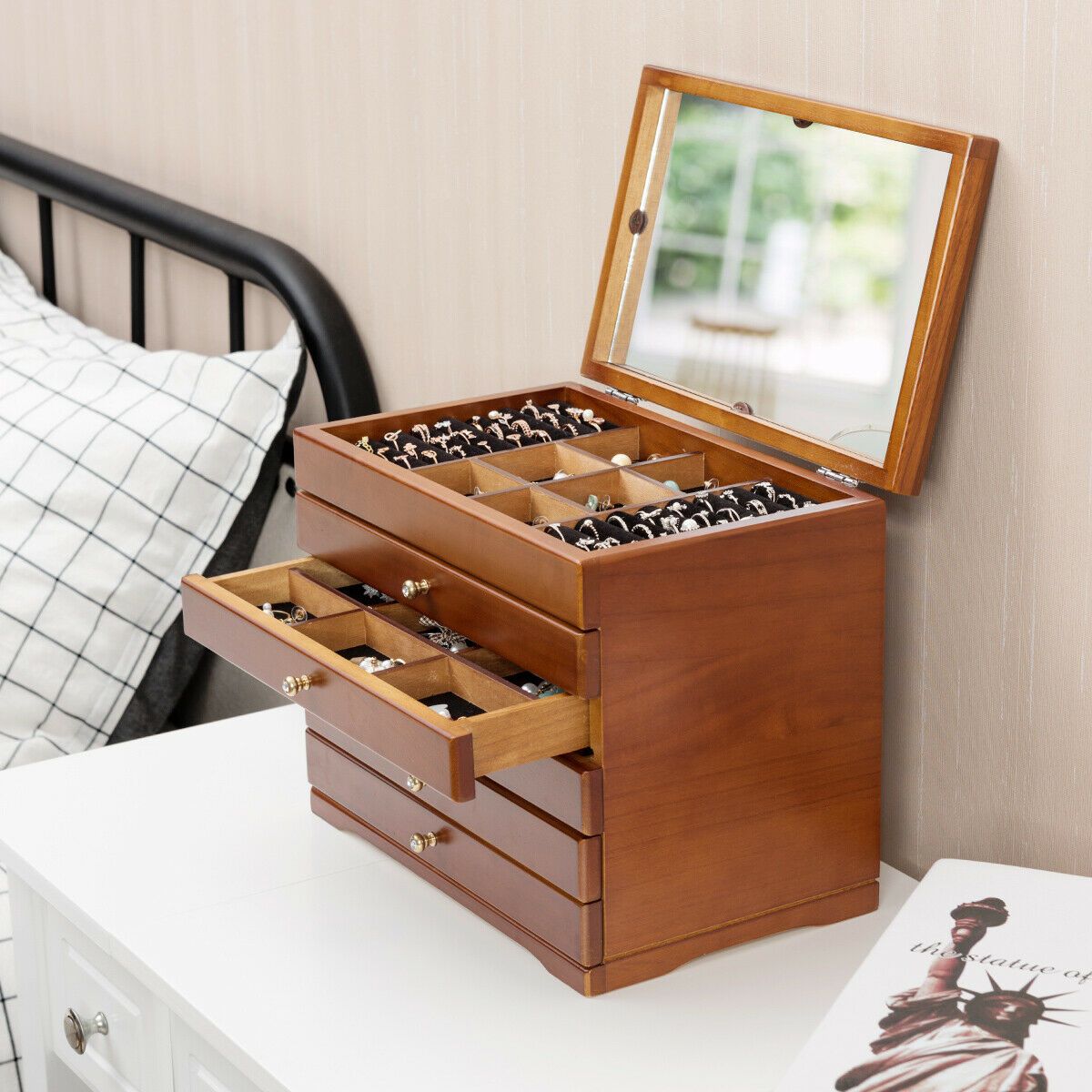 Wooden Jewellery Box with 5 Drawers and Mirror